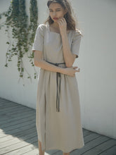 Linen Square Neck Midi Dress with Puff Sleeves and Waist Tie